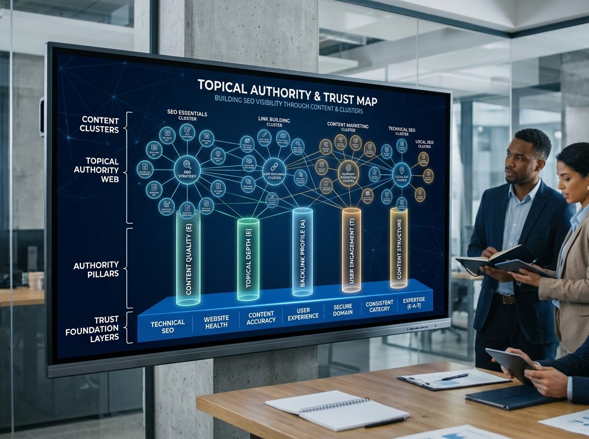 Trust-layered topical map showing how content clusters support authority - e a t signals seo