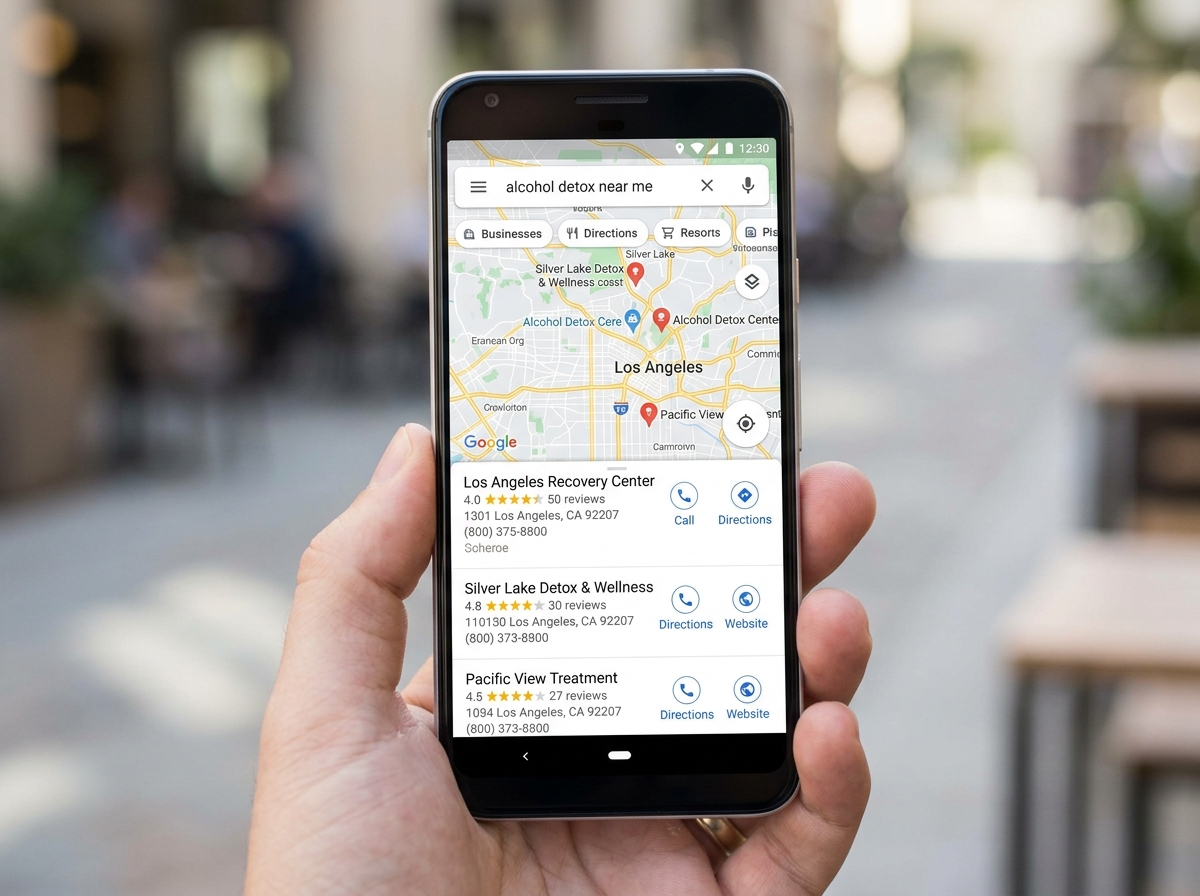 Local map showing alcohol detox center locations with high visibility in the Google 3-Pack - alcohol detox seo expert