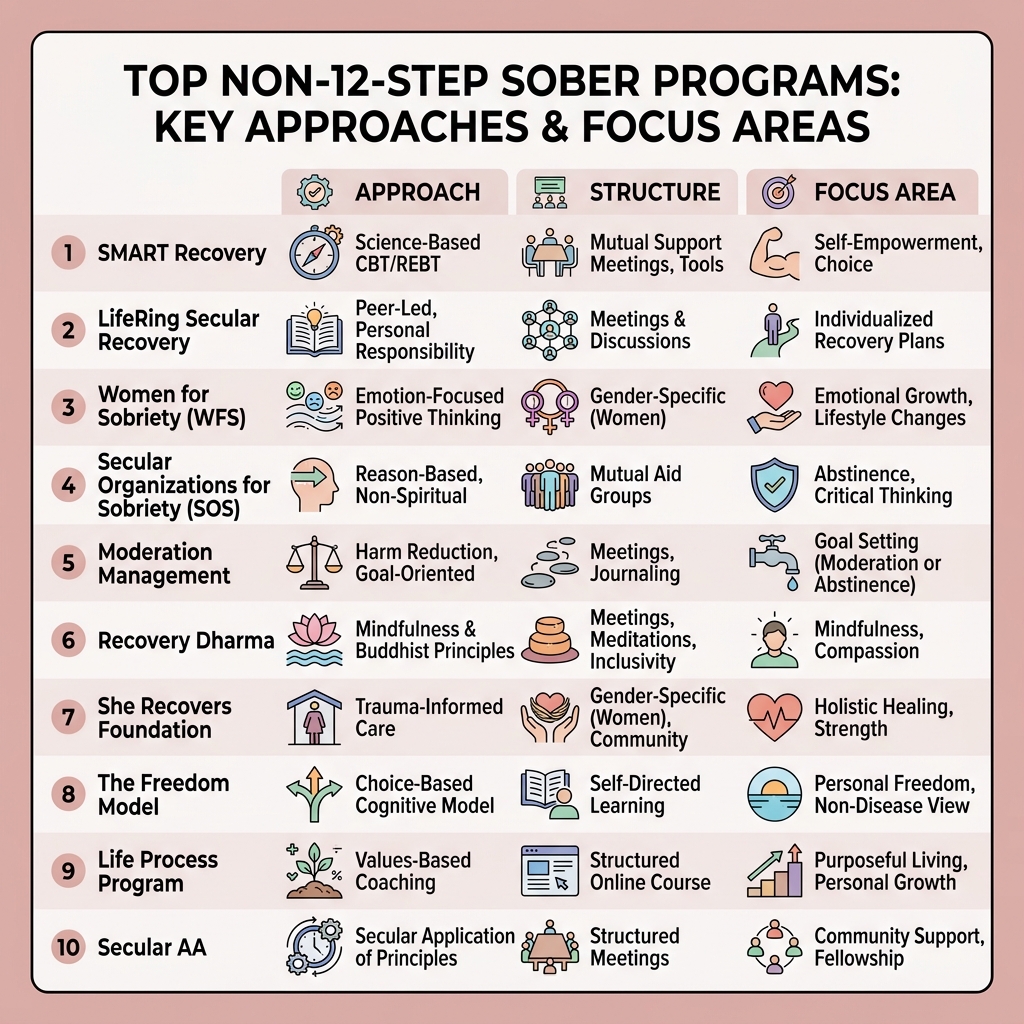 Infographic comparing top non-12-step sober programs by approach, structure, and focus area - non 12 step sober infographic 