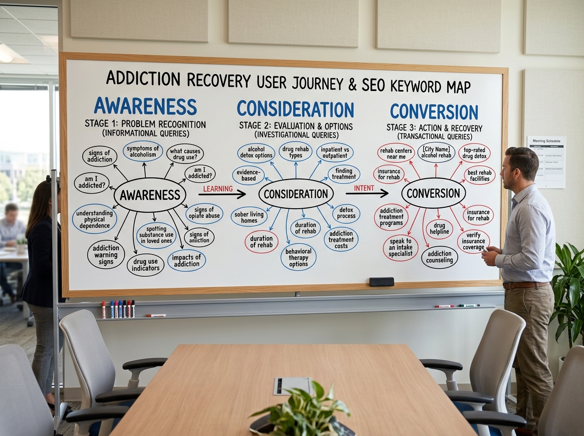 Keyword mapping by treatment stage: awareness, consideration, and conversion - addiction recovery seo strategy