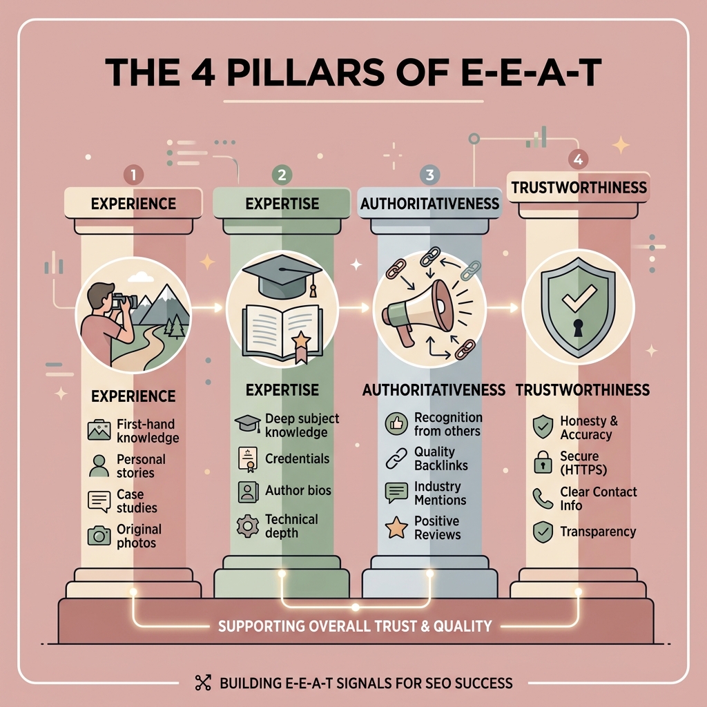 Infographic showing the four pillars of E-E-A-T: Experience, Expertise, Authoritativeness, Trustworthiness - e a t signals