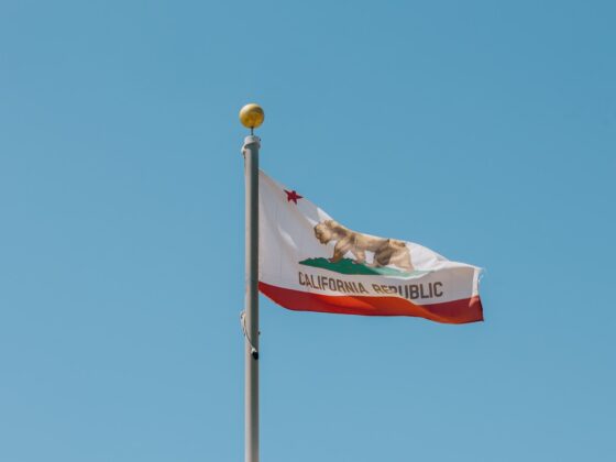 A flag flying in the wind on top of a building