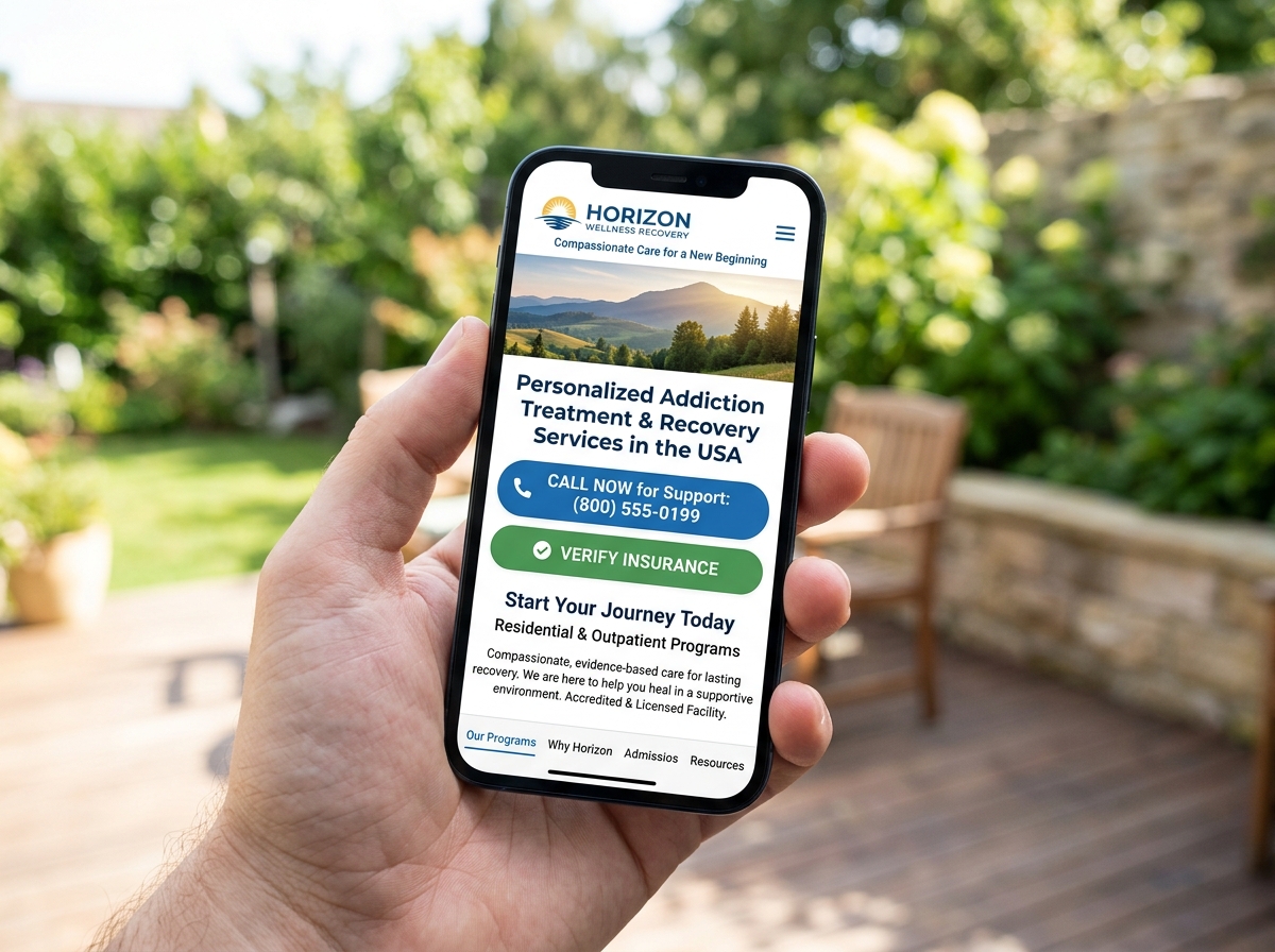 Fast-loading mobile-responsive website for a treatment facility showing clear call-to-action buttons - improve rehab google