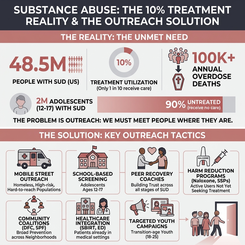 Infographic showing the 10% treatment utilization reality: 48.5M with SUD, 90% adolescents untreated, 100K+ overdose deaths