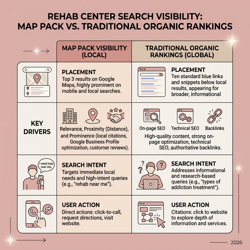 Table comparing Map Pack visibility vs traditional organic search rankings for rehab centers - improve rehab google rankings