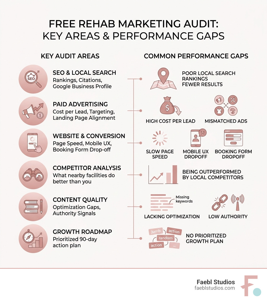 Infographic showing the key areas covered in a free rehab marketing audit and common performance gaps found - free marketing