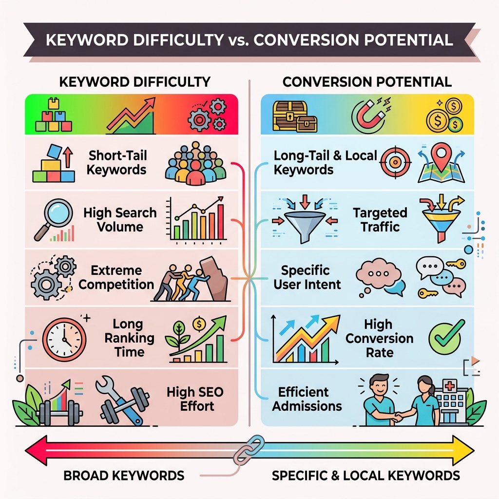 Comparison of keyword difficulty and conversion potential - rehab SEO keyword research infographic 