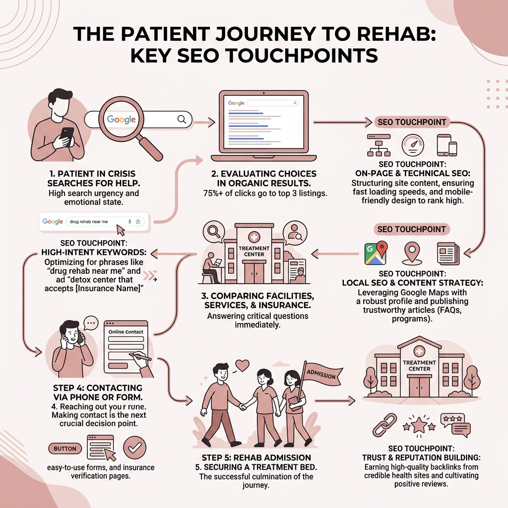 Infographic showing patient journey from Google search to rehab admission with key SEO touchpoints - drug rehab seo