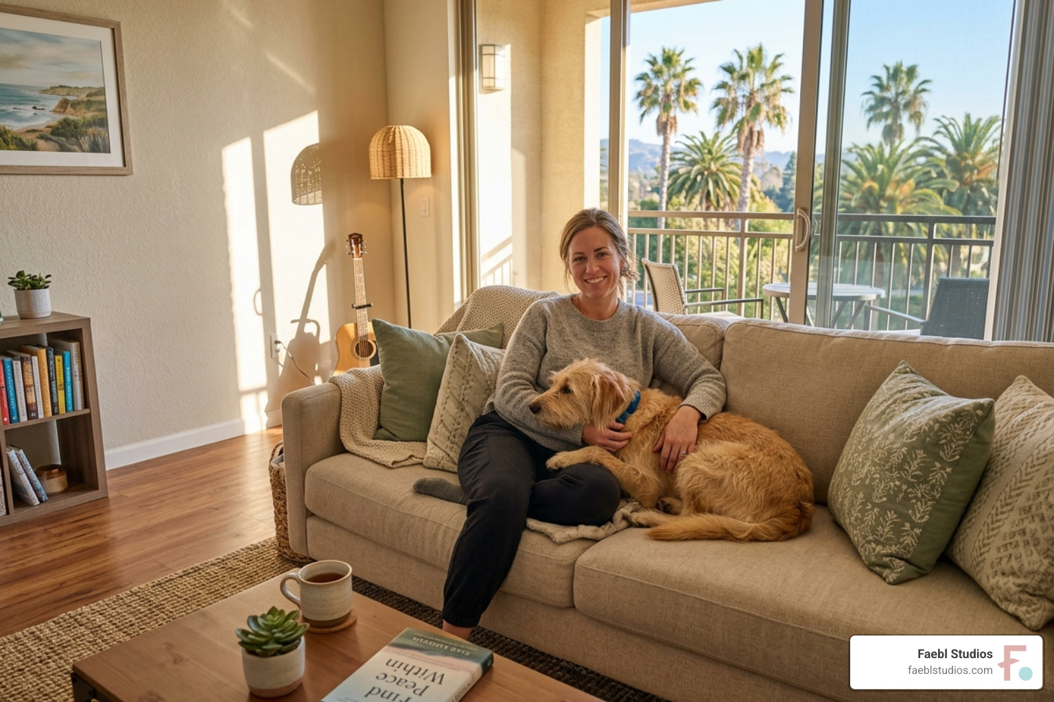 a client sitting with their dog in a comfortable residential suite at a california rehab - pet friendly rehab california