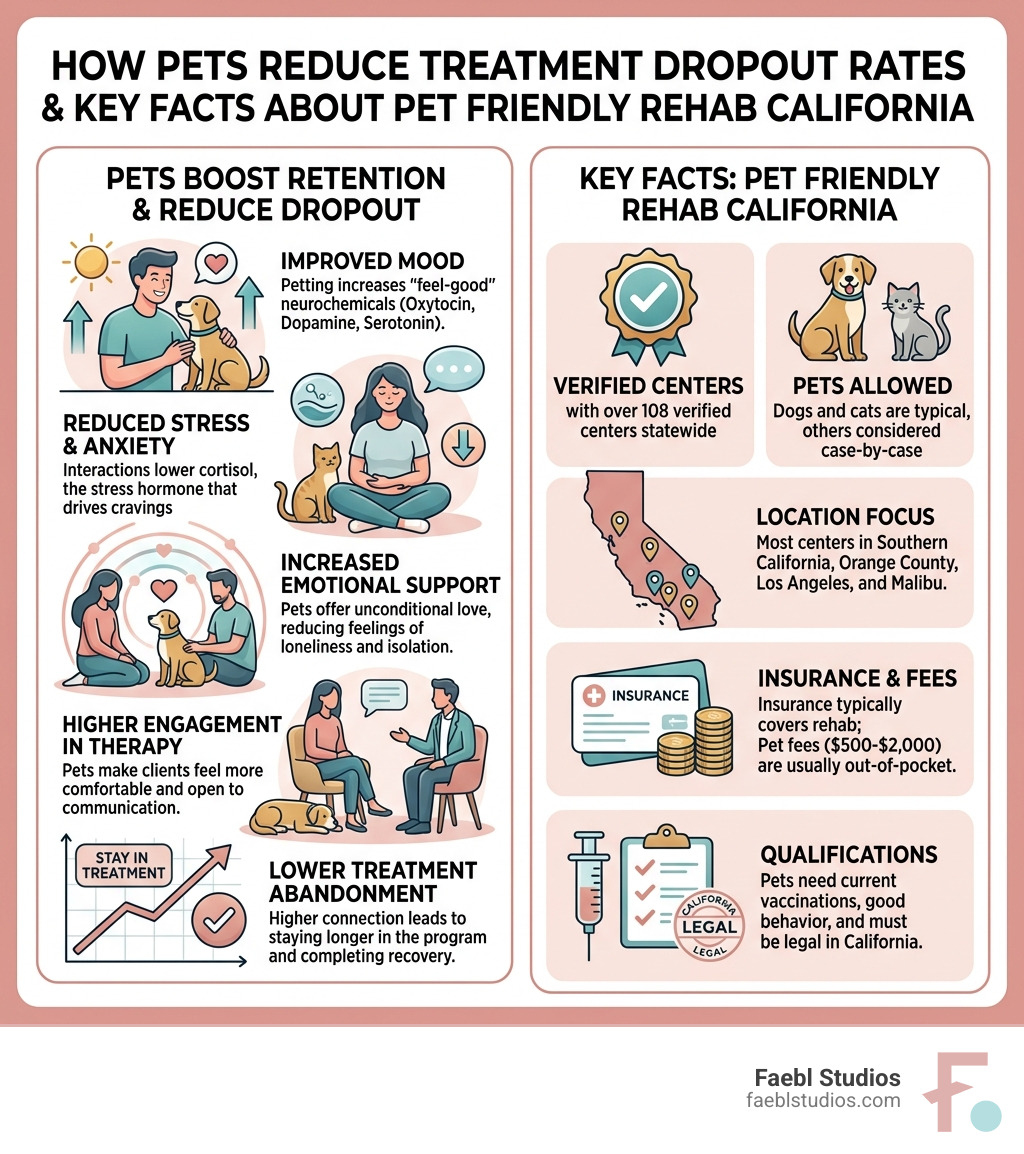infographic showing how pets reduce treatment dropout rates and key facts about pet friendly rehab california - pet friendly