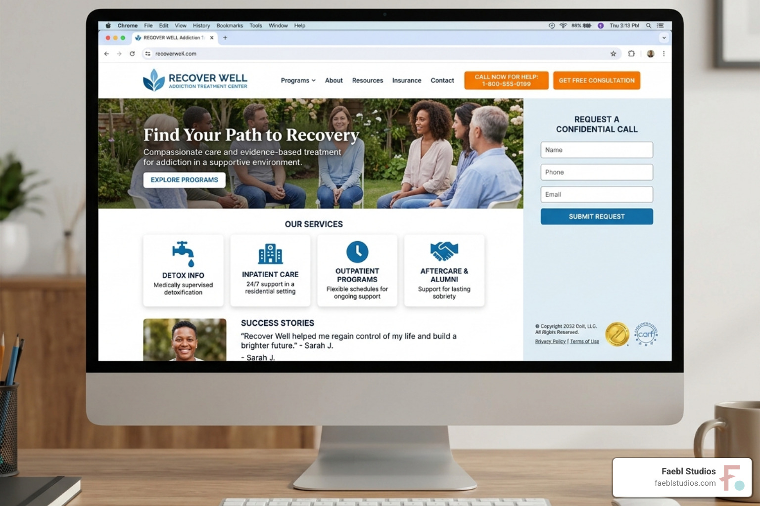 A high-converting website interface showing clear call-to-action buttons and helpful resources - addiction center growth