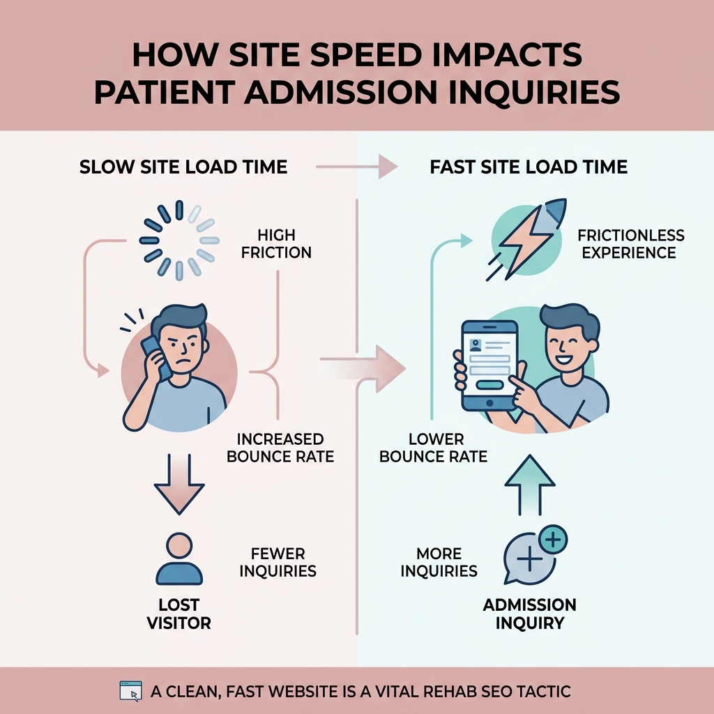 Infographic showing the correlation between faster site speed and increased patient admission inquiries - inpatient rehab