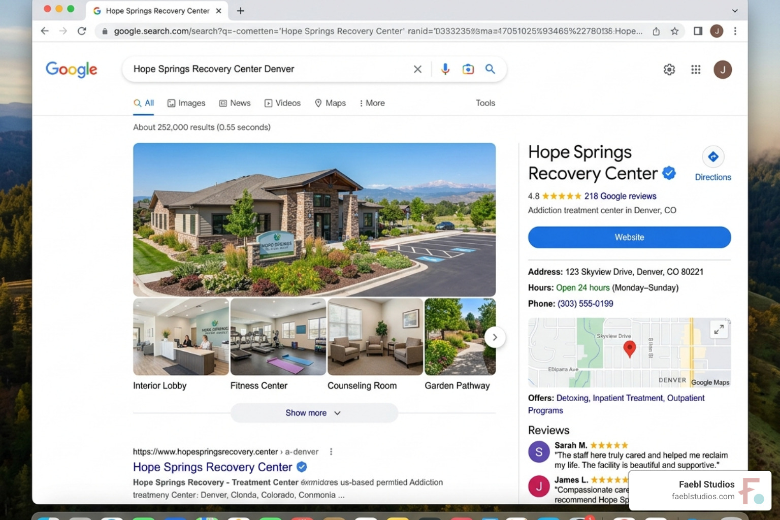 A verified Google Business Profile for a rehab center showing accurate contact info, hours, and high-quality photos - Google