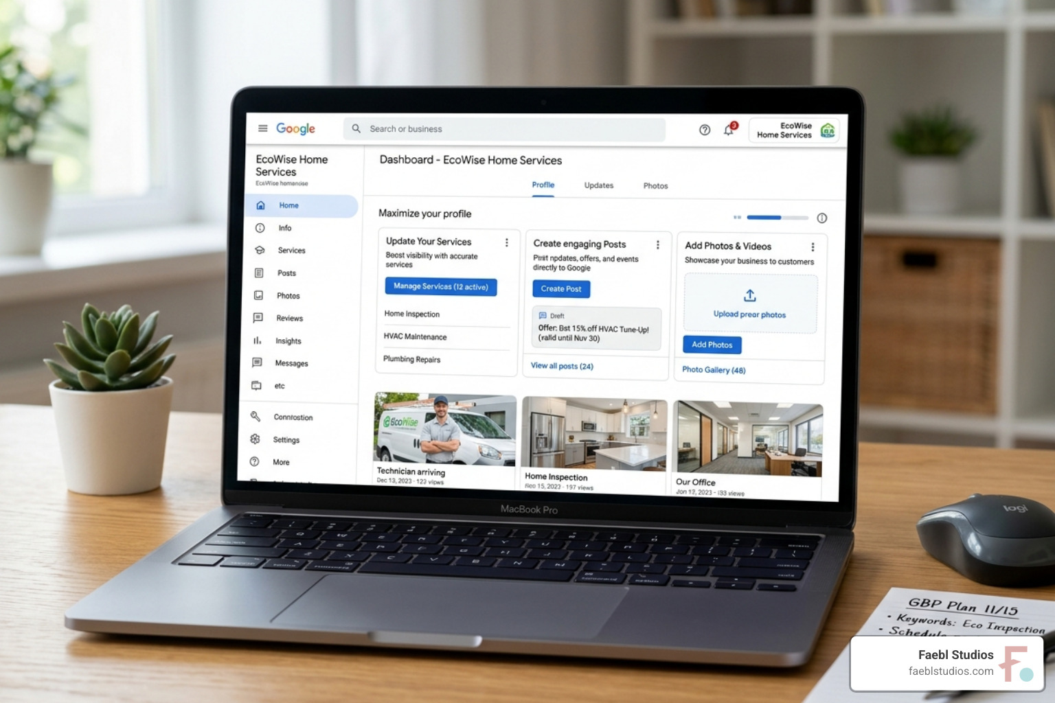 The Google Business Profile dashboard showing optimization fields for services, posts, and photo uploads - Google maps rehab