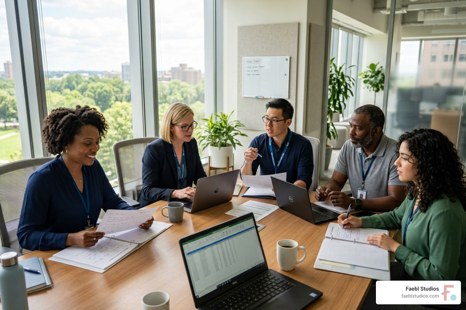 A diverse clinical team sitting in a sunlit room, collaborating on client care plans - addiction center growth strategies