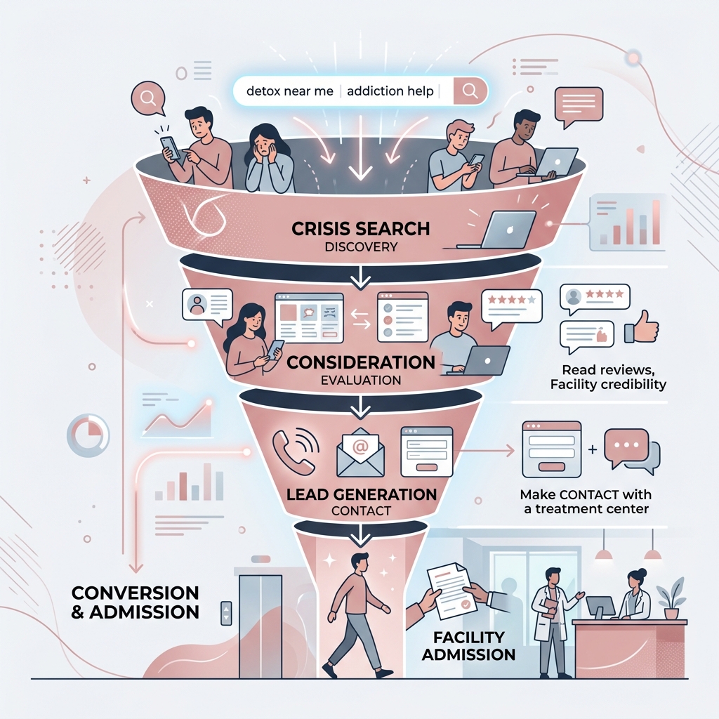 Drug rehab marketing funnel from crisis search to facility admission - drug rehab marketing infographic 