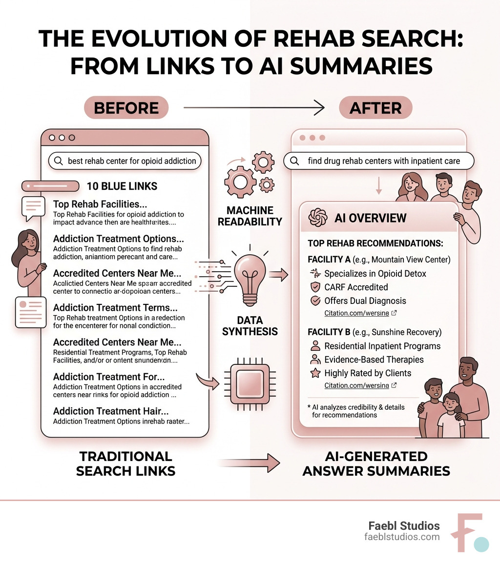 Infographic showing shift from traditional Google search links to AI-generated answer summaries for rehab centers - how to Infographic showing shift from traditional Google search links to AI-generated answer summaries for rehab centers - how to